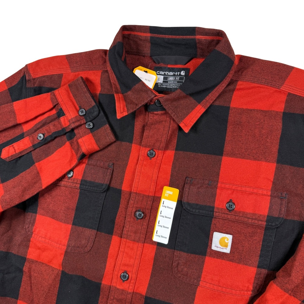 Carhartt Flannel Shirt Mens L Red Buffalo Plaid Loose Fit Heavyweight TW4451-M